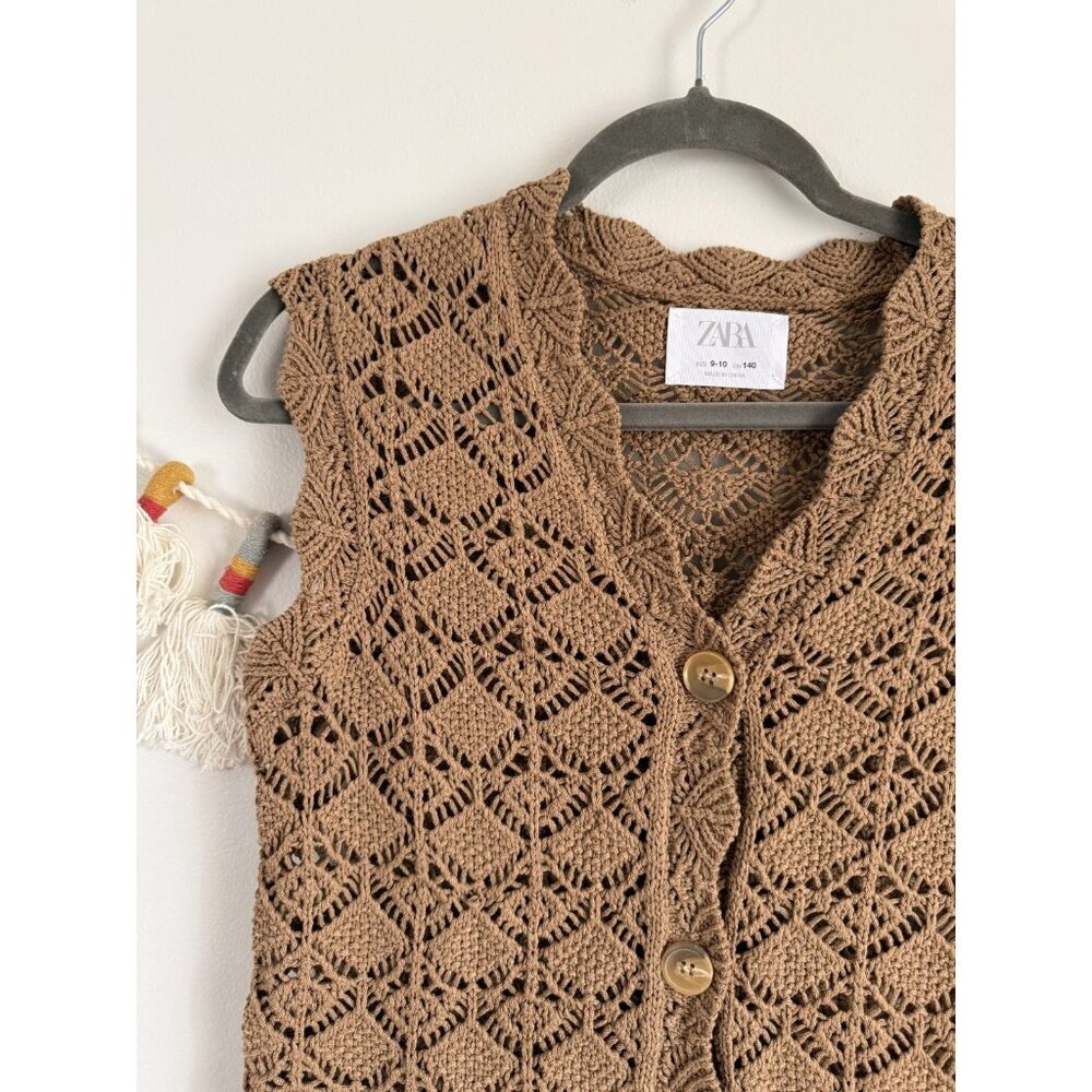 Zara Kids Crochet Open Knit Button Down Sleeveless Cardigan Brown Cottage 9/10 - Picture 3 of 7